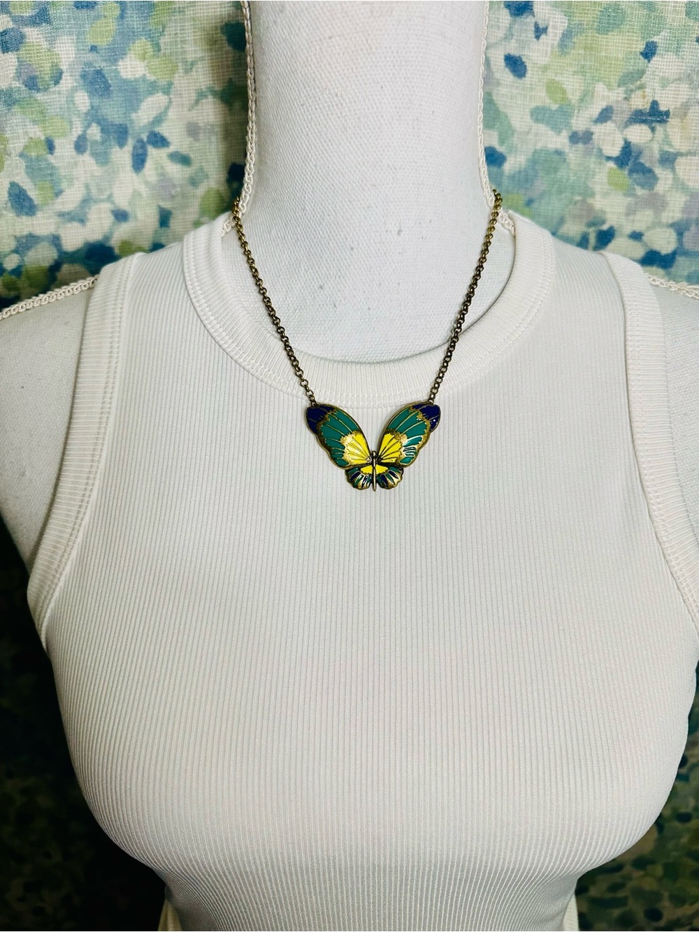 NWT Colorful Enamel Butterfly Pendant Necklace Teal Yellow Blue 16–20”